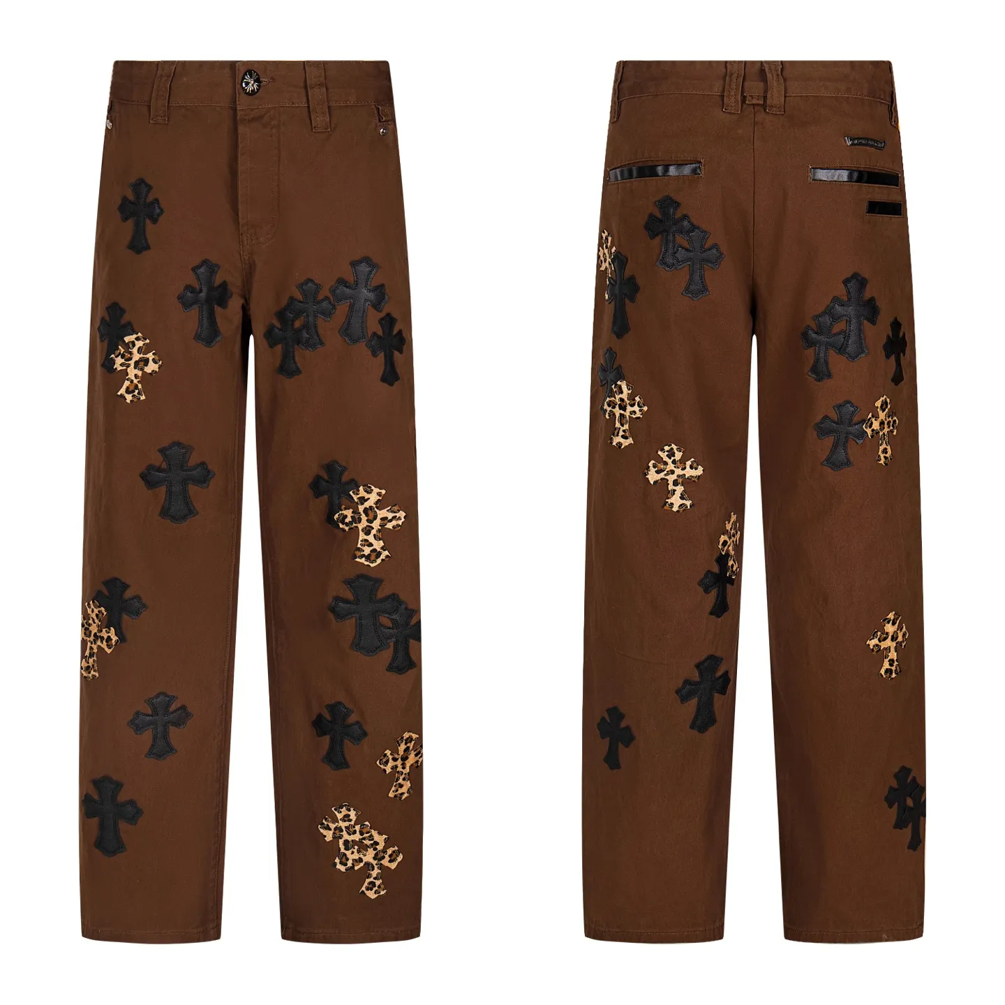 P260 Chrome Hearts | Chrome Hearts Brown Casual Cross Patched Leather Jeans - Full of exploring the ultimate in fashion, Chrome Hearts' new Chrome Hearts pants cleverly integrate camouflage cross, camouflage cross and other elements to break traditional boundaries. Mattyboy's clever fusion of overalls and khaki jeans, the same style, brings endless matching inspiration to fashionistas! Whether it is daily wear or a trendy try, these pants can bring you an excellent fashion experience. Style number: 1754# Color: casual brown Size: 28 30 32 34